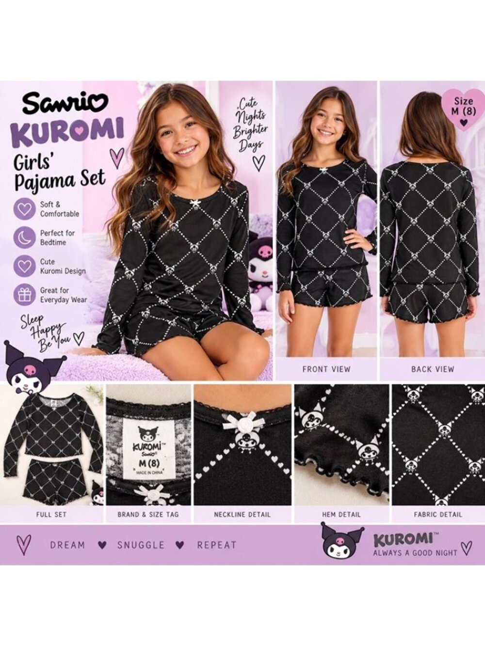 Sanrio Kuromi Girls Pajama Set Black Long Sleeve Shorts Size M 8 NWT